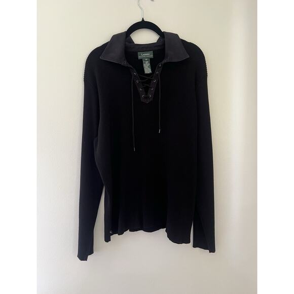 Lauren Ralph Lauren Black Lace Up Ribbed Knit Sweater Tunic Top 2XL Equestrian - Picture 2 of 10